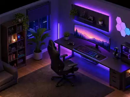 Logitech CH0025751329 – Isometrisches Gaming-Setup mit RGB-Beleuchtung, ergonomischem Stuhl, zwei Monitoren und Schreibtisch - Foto: THN