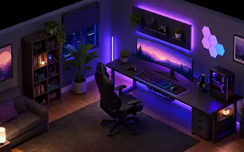 Logitech CH0025751329 – Isometrisches Gaming-Setup mit RGB-Beleuchtung, ergonomischem Stuhl, zwei Monitoren und Schreibtisch - Foto: THN