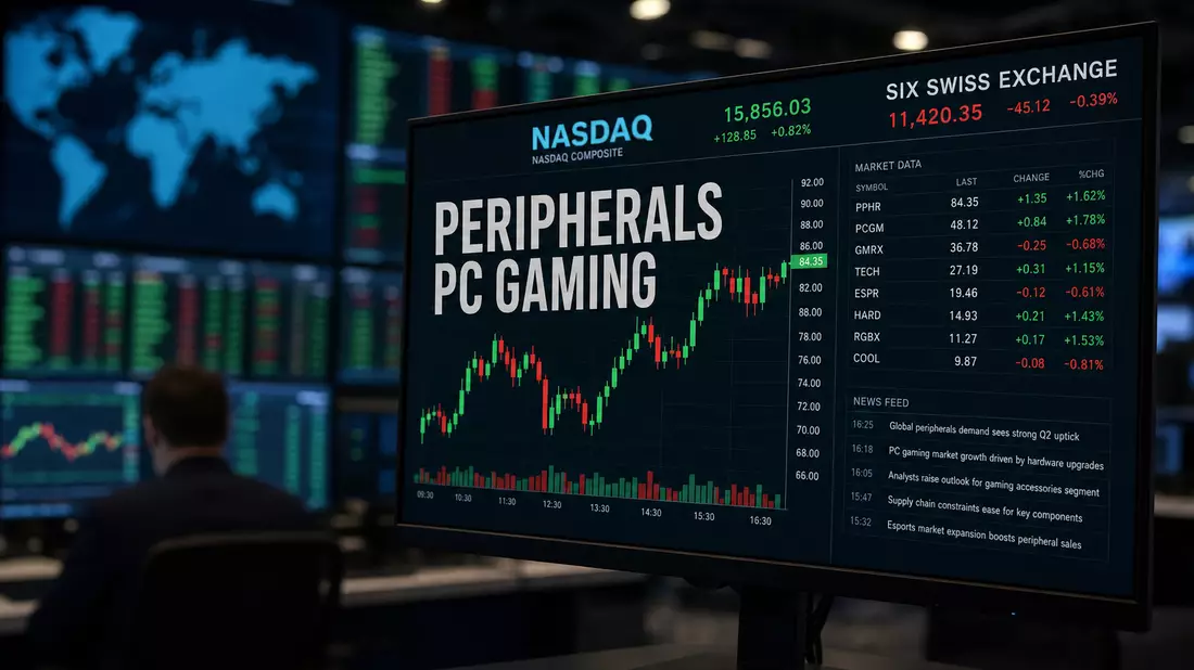 Financial editorial photograph of a trading monitor displaying PERIPHERALS and PC GAMING text, green and red candlestick charts, NASDAQ and SIX SWISS EXCHANGE data, dark trading room with multiple screens in background, selective focus, journalistic photo