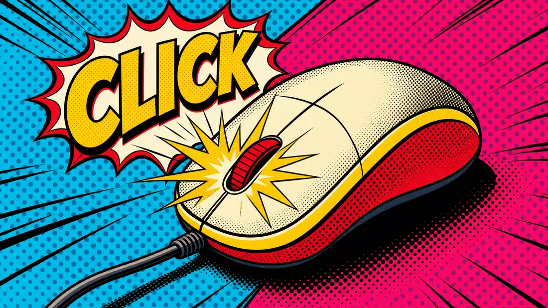 Pop art comic illustration of a stylized computer mouse in Roy Lichtenstein style, vivid halftone dot background in cyan and magenta, thick black outlines, CLICK starburst effect, yellow and red accents, retro 1960s pop art aesthetic