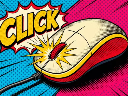 Logitech CH0025751329 – Pop-Art-Comic: stilisierte Maus mit Halftone-Punkten und CLICK-Effekt in Primärfarben - Foto: THN