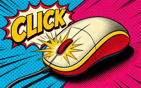 Logitech CH0025751329 – Pop-Art-Comic: stilisierte Maus mit Halftone-Punkten und CLICK-Effekt in Primärfarben - Foto: THN