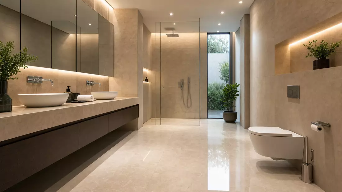 Modern designer bathroom with wall-hung toilet mounted on beige stone wall, chrome fixtures, glass shower partition, vessel sinks on floating vanity, warm recessed lighting throughout