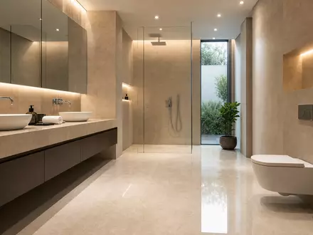 Geberit (CH0030170408) zeigt ein modernes Designer-Badezimmer mit wandhängendem WC an der beigen Steinwand - Foto: THN