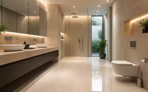Geberit (CH0030170408) zeigt ein modernes Designer-Badezimmer mit wandhängendem WC an der beigen Steinwand. - Foto: THN