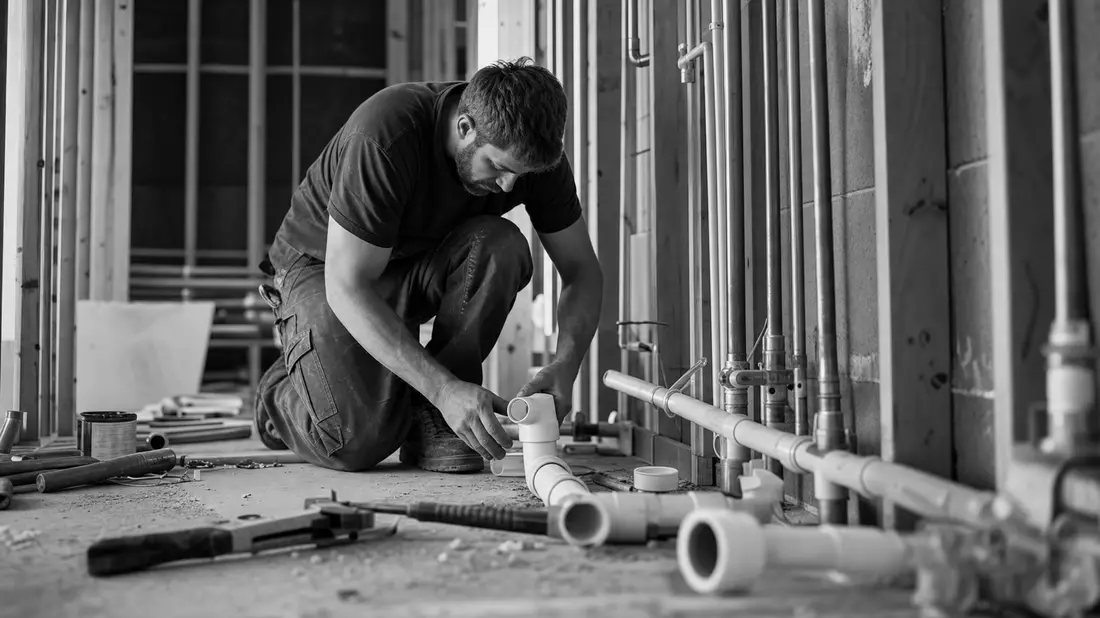 Black and white documentary photograph of a plumber assembling sanitary pipe fittings on a construction site floor, PVC pipes and tools scattered around, high contrast monochrome lighting