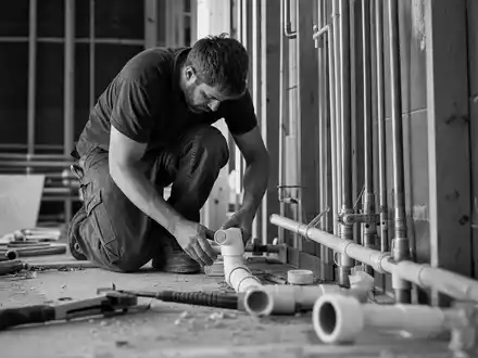 Geberit (CH0030170408) Sanitärinstallateur montiert Rohrleitungen in einem Neubau, festgehalten in dokumentarischer Schwarz-Weiß-Fotografie - Foto: THN