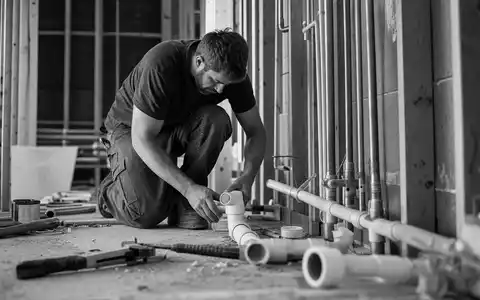 Geberit (CH0030170408) Sanitärinstallateur montiert Rohrleitungen in einem Neubau, festgehalten in dokumentarischer Schwarz-Weiß-Fotografie - Foto: THN
