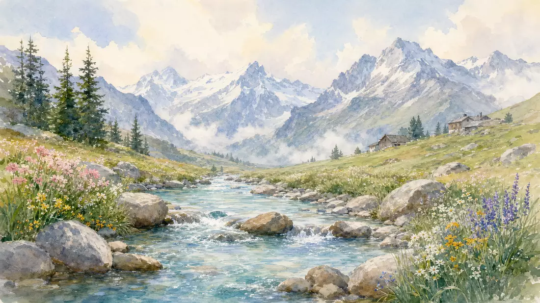 Soft watercolour painting of a Swiss alpine mountain landscape with a crystal clear stream flowing o
