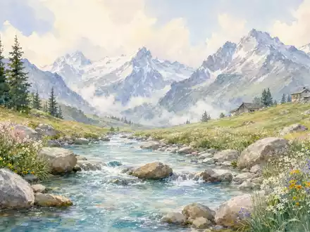 Geberit (CH0030170408) inspiriert durch einen Schweizer Bergbach, Aquarell in weichen Pastelltönen gemalt. - Foto: THN