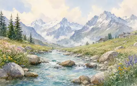 Geberit (CH0030170408) inspiriert durch einen Schweizer Bergbach, Aquarell in weichen Pastelltönen gemalt - Foto: THN
