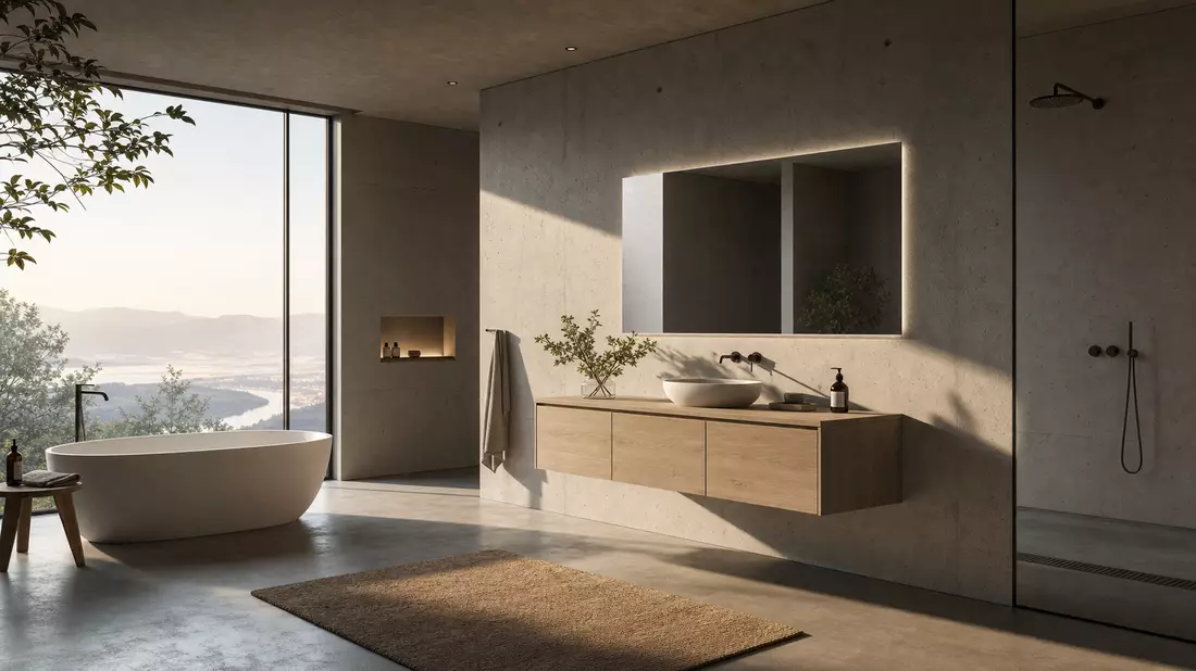 Architectural luxury bathroom with exposed raw concrete walls, floating wall-hung vanity unit, freestanding oval bathtub near floor-to-ceiling window, morning sunlight casting long shadows