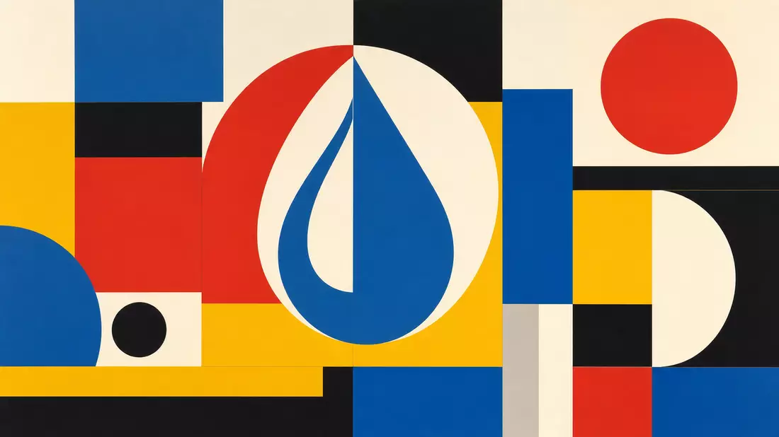 Bauhaus modernist poster with a bold geometric water droplet symbol at centre, composed of primary red, blue, yellow and white rectangular and circular shapes on a grid layout