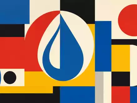 Geberit (CH0030170408) Bauhaus-Poster zeigt geometrisches Wassertropfen-Symbol in Primärfarben und Sanitärweiß auf weißem Grund - Foto: THN
