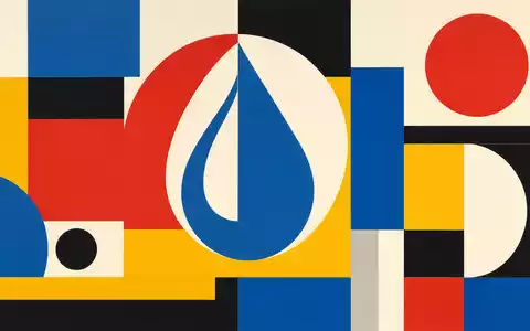 Geberit (CH0030170408) Bauhaus-Poster zeigt geometrisches Wassertropfen-Symbol in Primärfarben und Sanitärweiß auf weißem Grund - Foto: THN