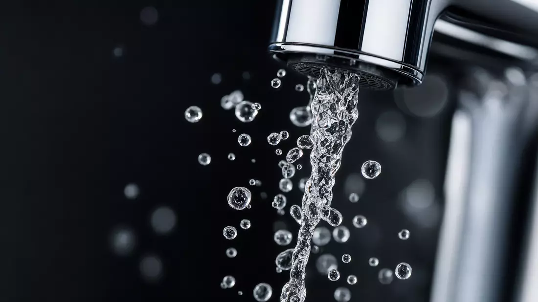 Extreme macro close-up of water jet flowing from a polished chrome faucet spout, individual water droplets suspended mid-air, crystal clear water catching studio light, dark background with bokeh