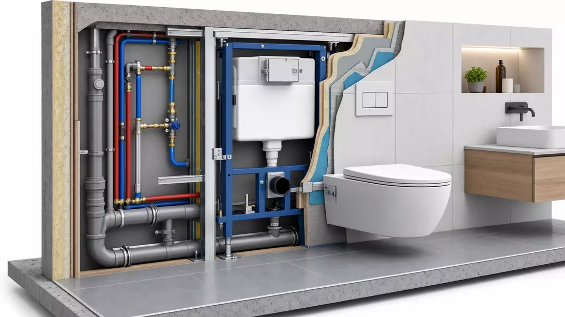 Isometric 3D technical cutaway illustration of a bathroom wall showing in-wall sanitary installation with blue steel frame, cistern tank, red and blue water supply pipes, grey drainage below
