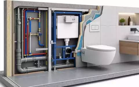 Geberit (CH0030170408) isometrischer Schnitt durch eine Vorwandinstallation zeigt Rohre und den Spülkasten - Foto: THN