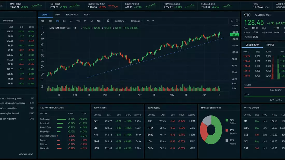 Editorial financial trading terminal screen displaying fictional SANITARY TECH stock chart with upward trend line, candlestick chart, watchlist with BUILDING and SIX SWISS tickers, order book panels