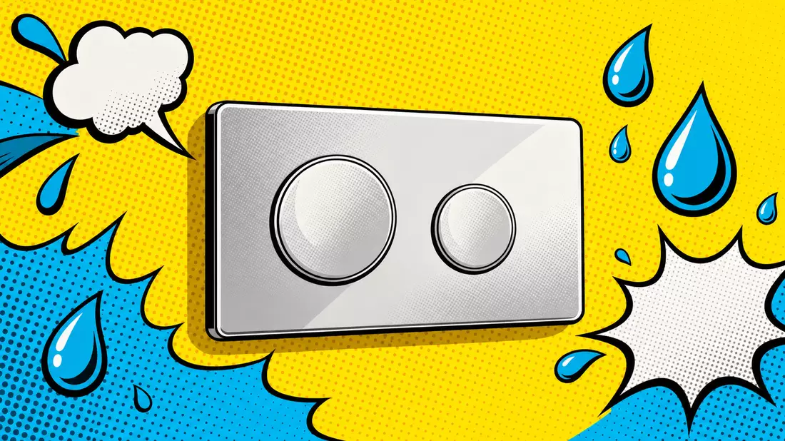 Pop art comic illustration of a rectangular flush actuator plate with two circular buttons, bold halftone dot pattern background in yellow and cyan, comic water drop shapes with burst effects surrounding plate
