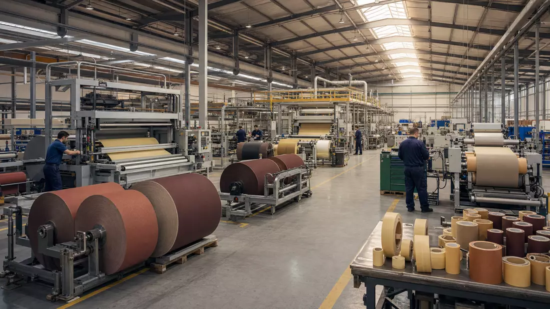Industriehalle mit Klebeband- und Schleifpapierrollen, Fotorealismus zu 3M Company