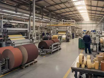 Fotorealistische Fabrikhalle mit Klebeband- und Schleifpapierrollen zeigt 3M Company, ISIN US88579Y1010, Industriefertigung - Foto: THN