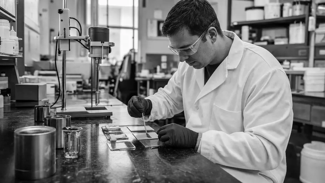 Schwarzweiß-Reportagefoto eines Labortechnikers bei Klebstofftests, Bezug zu 3M Company