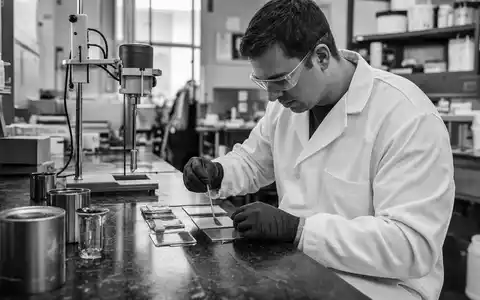 Schwarzweiß-Reportagefoto aus Chemielabor illustriert 3M Company, ISIN US88579Y1010, mit Techniker bei Klebstofftests - Foto: THN