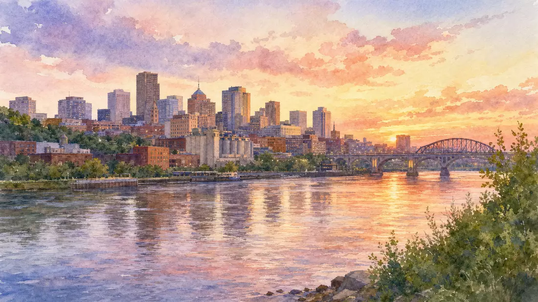 Aquarellmalerei der Saint-Paul-Skyline am Mississippi River, Standortbezug zu 3M Company