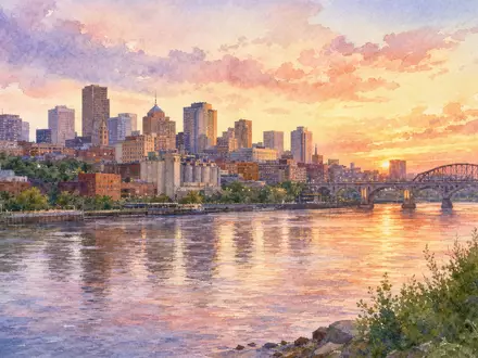 Aquarell zeigt Skyline von Saint Paul, Heimatstadt von 3M Company, ISIN US88579Y1010, am Fluss - Foto: THN