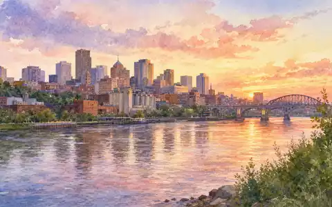 Aquarell zeigt Skyline von Saint Paul, Heimatstadt von 3M Company, ISIN US88579Y1010, am Fluss - Foto: THN