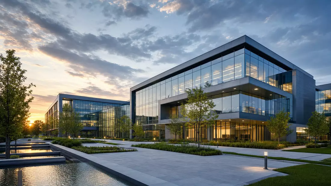 3D-Architekturvisualisierung eines Glas-Forschungscampus, gestalterischer Bezug zu 3M Company