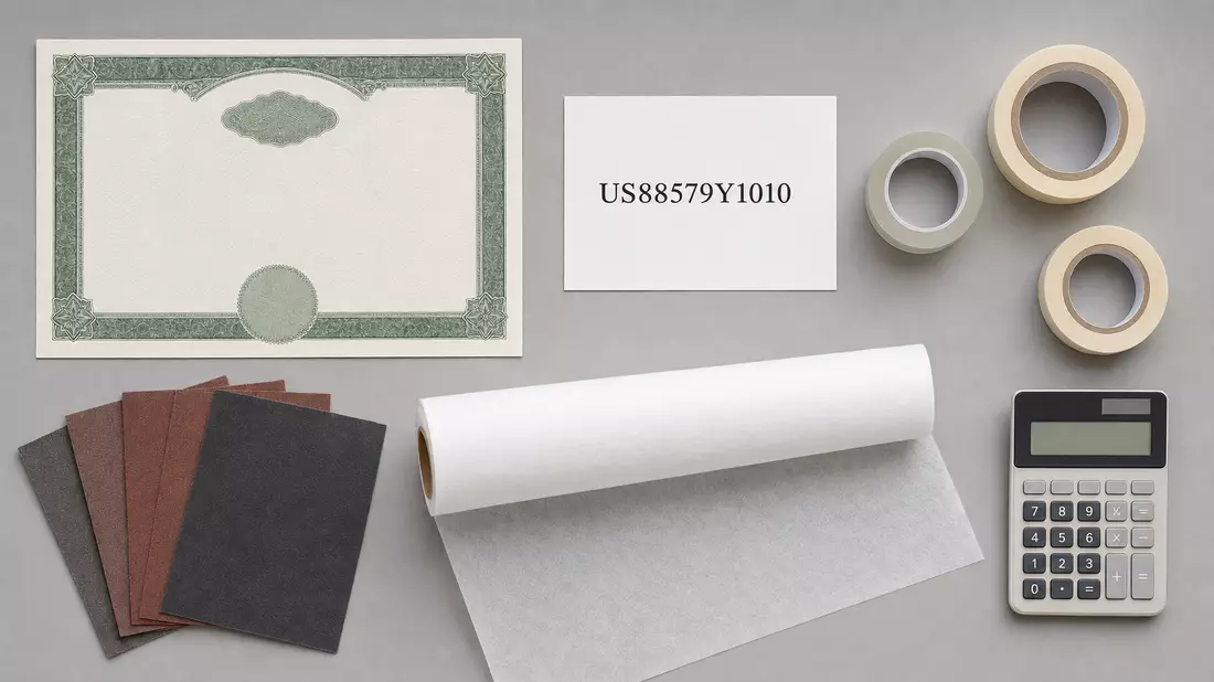 Flatlay aus Aktienzertifikat, ISIN-Karte und Klebeband, Motiv zu 3M Company Investment