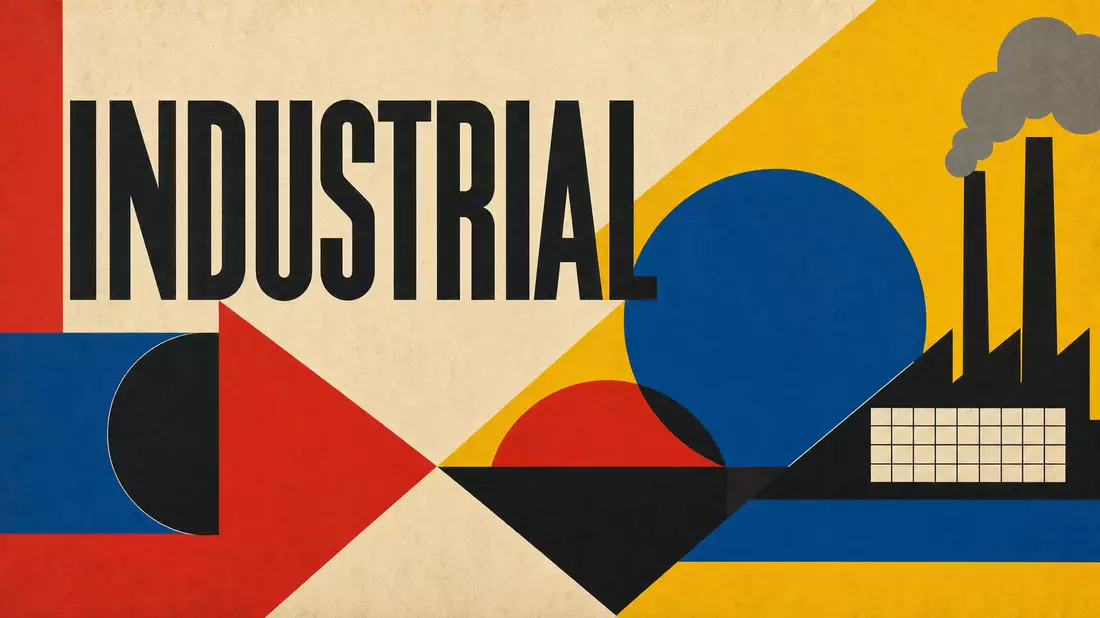 Geometrisches Bauhaus-Poster mit Fabriksilhouette, gestalterischer Bezug zu 3M Company