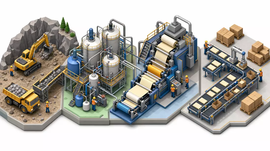 Isometrische 3D-Illustration einer industriellen Wertschöpfungskette, Prozessbezug zu 3M Company