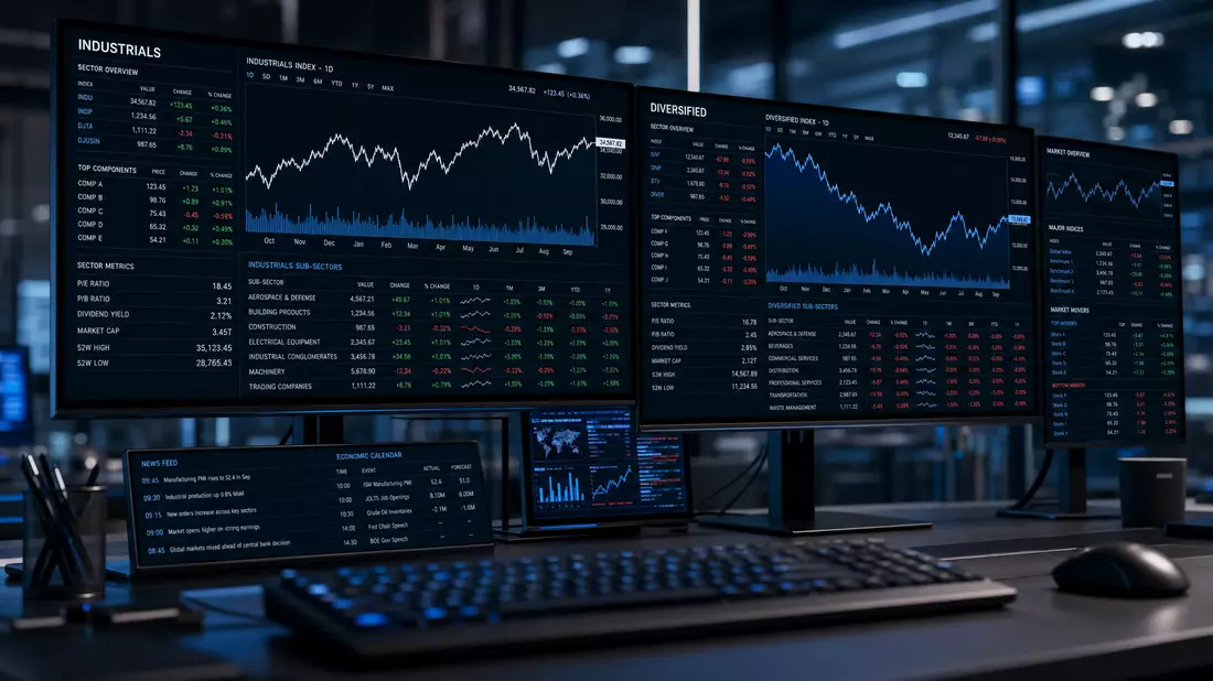 Financial editorial photograph of multiple computer monitors displaying stock market data, screens s