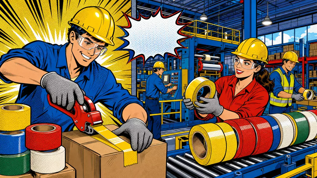 Bunte Pop-Art-Comicszene einer Fabrik mit Klebebandrollen, Motiv zu 3M Company