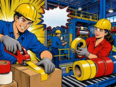 Pop-Art-Comic mit Fabrikarbeitern und bunten Klebebandrollen visualisiert humorvoll 3M Company, ISIN US88579Y1010, Industrieproduktion - Foto: THN