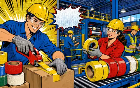 Pop-Art-Comic mit Fabrikarbeitern und bunten Klebebandrollen visualisiert humorvoll 3M Company, ISIN US88579Y1010, Industrieproduktion - Foto: THN