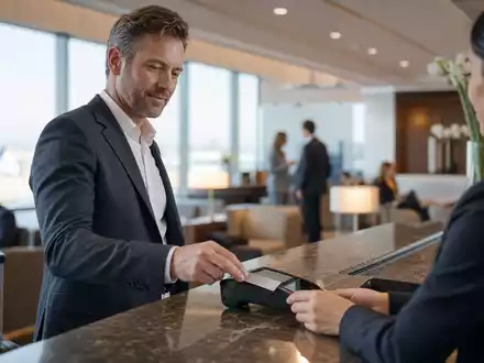 Reisender zahlt mit grauer Kreditkarte am Terminal, American Express Co. (US0258161092), Kreditkartenwesen-Symbolbild - Foto: THN