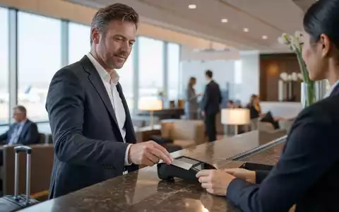 Reisender zahlt mit grauer Kreditkarte am Terminal, American Express Co. (US0258161092), Kreditkartenwesen-Symbolbild - Foto: THN