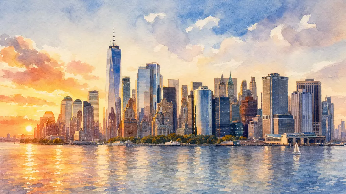 Aquarellbild der New Yorker Skyline mit sanften Pastelltönen bei Sonnenuntergang