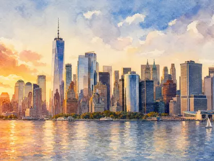 Aquarell der New Yorker Skyline bei Sonnenuntergang, American Express Co. (US0258161092), Finanzdienstleistungsbranche Hauptsitz-Stimmung gezeigt - Foto: THN