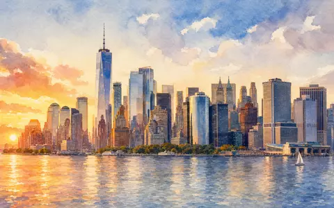 Aquarell der New Yorker Skyline bei Sonnenuntergang, American Express Co. (US0258161092), Finanzdienstleistungsbranche Hauptsitz-Stimmung gezeigt - Foto: THN