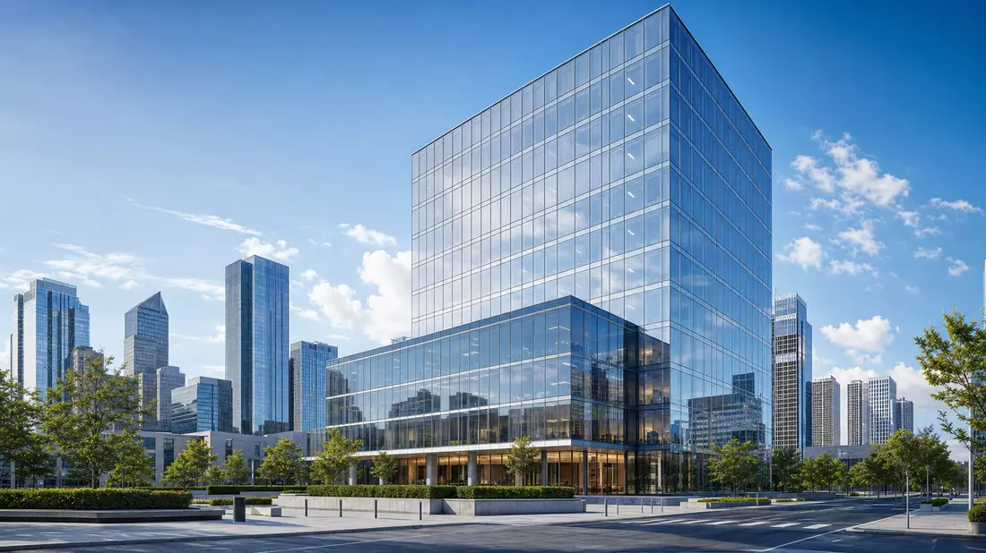 Modern financial skyscraper with full glass curtain wall facade photographed from a dramatic low ang