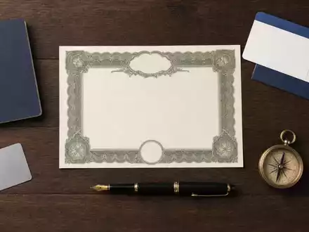 Flatlay mit Aktienzertifikat, Kreditkarte und Reisepass, American Express Co. (US0258161092), Kreditkarten- und Finanzdienstleistungsbranche Symbolobjekte - Foto: THN