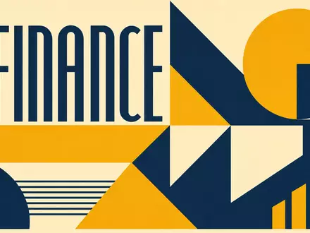 Bauhaus-Poster mit geometrischen Formen und Sektor-Kürzel FINANCE, American Express Co. (US0258161092), Finanzdienstleistungsbranche Grafikdesign - Foto: THN