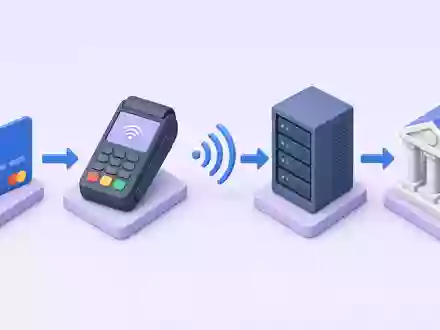 Isometrische 3D-Illustration der Zahlungskette von Karte zu Bank, American Express Co. (US0258161092), Finanzdienstleistungsbranche Prozessdiagramm - Foto: THN