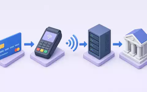 Isometrische 3D-Illustration der Zahlungskette von Karte zu Bank, American Express Co. (US0258161092), Finanzdienstleistungsbranche Prozessdiagramm - Foto: THN