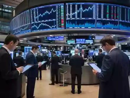 Editorial-Foto vom Börsenparkett mit Finanzcharts auf Bildschirmen, American Express Co. (US0258161092), Kreditkartenbranche Marktbild professionell - Foto: THN